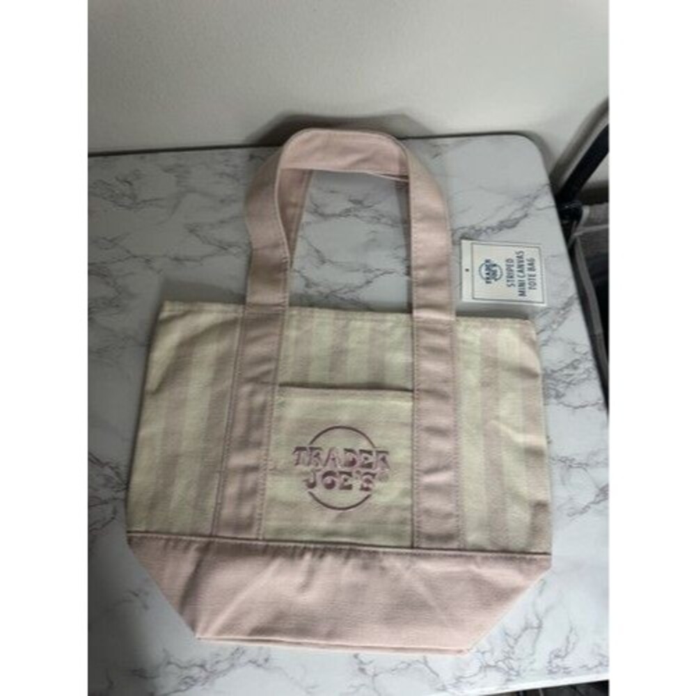 Trader Joe's Striped Mini Canvas Tote Bag Reusable Beige/Pink Lot #T2601